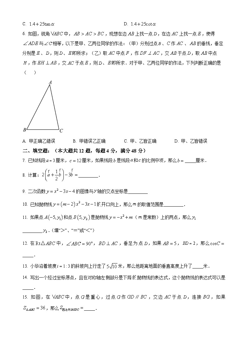 2024年上海市杨浦区中考一模数学试题02