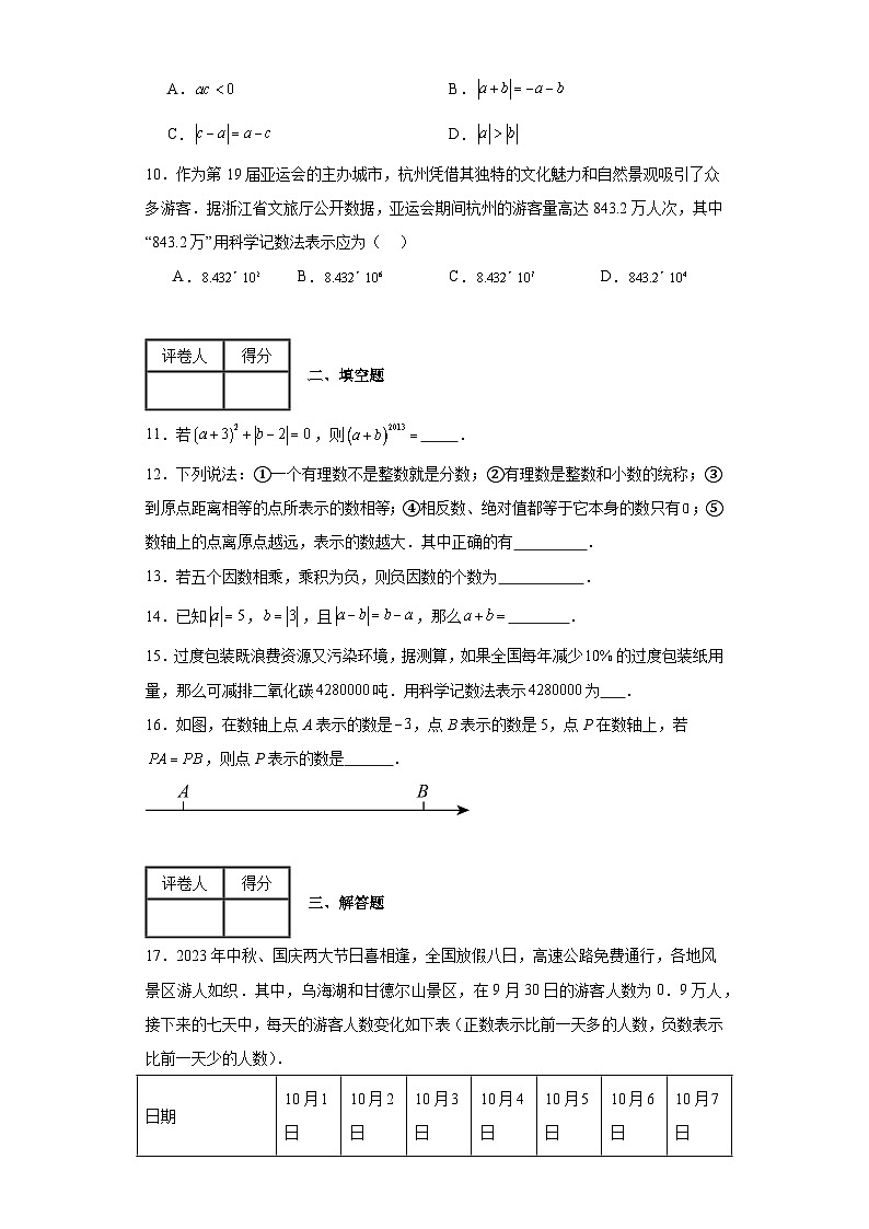 2023-2024学年京改版七年级上册第一章有理数单元测试卷(含答案)02