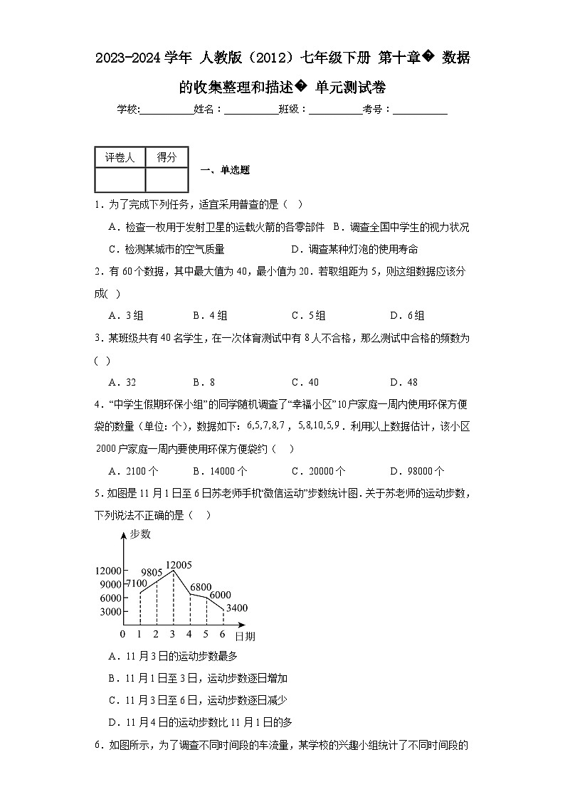 2023-2024学年人教版（2012）七年级下册第十章数据的收集整理和描述单元测试卷(含答案)第1页