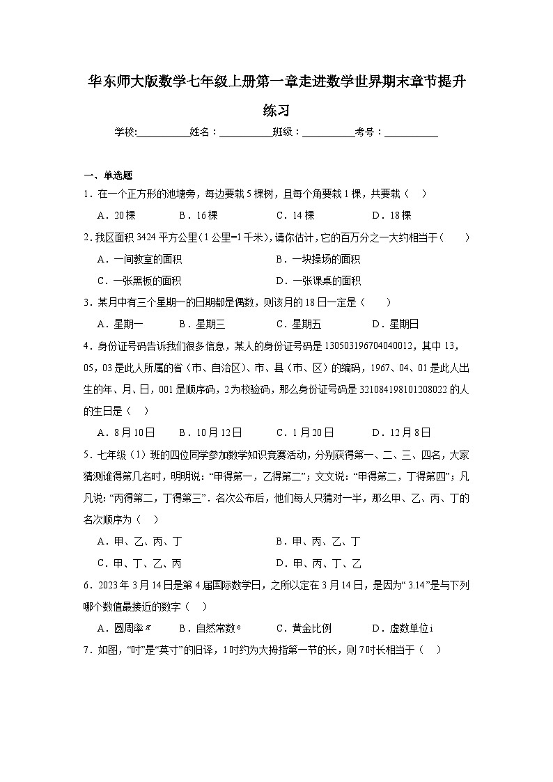 华东师大版数学七年级上册第一章走进数学世界期末章节提升练习第1页