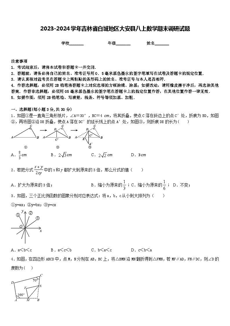 2023-2024学年吉林省白城地区大安县八上数学期末调研试题含答案01