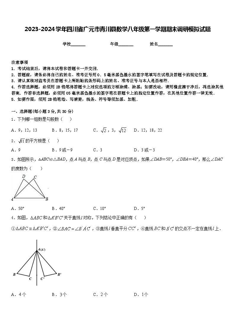 2023-2024学年四川省广元市青川县数学八年级第一学期期末调研模拟试题含答案01