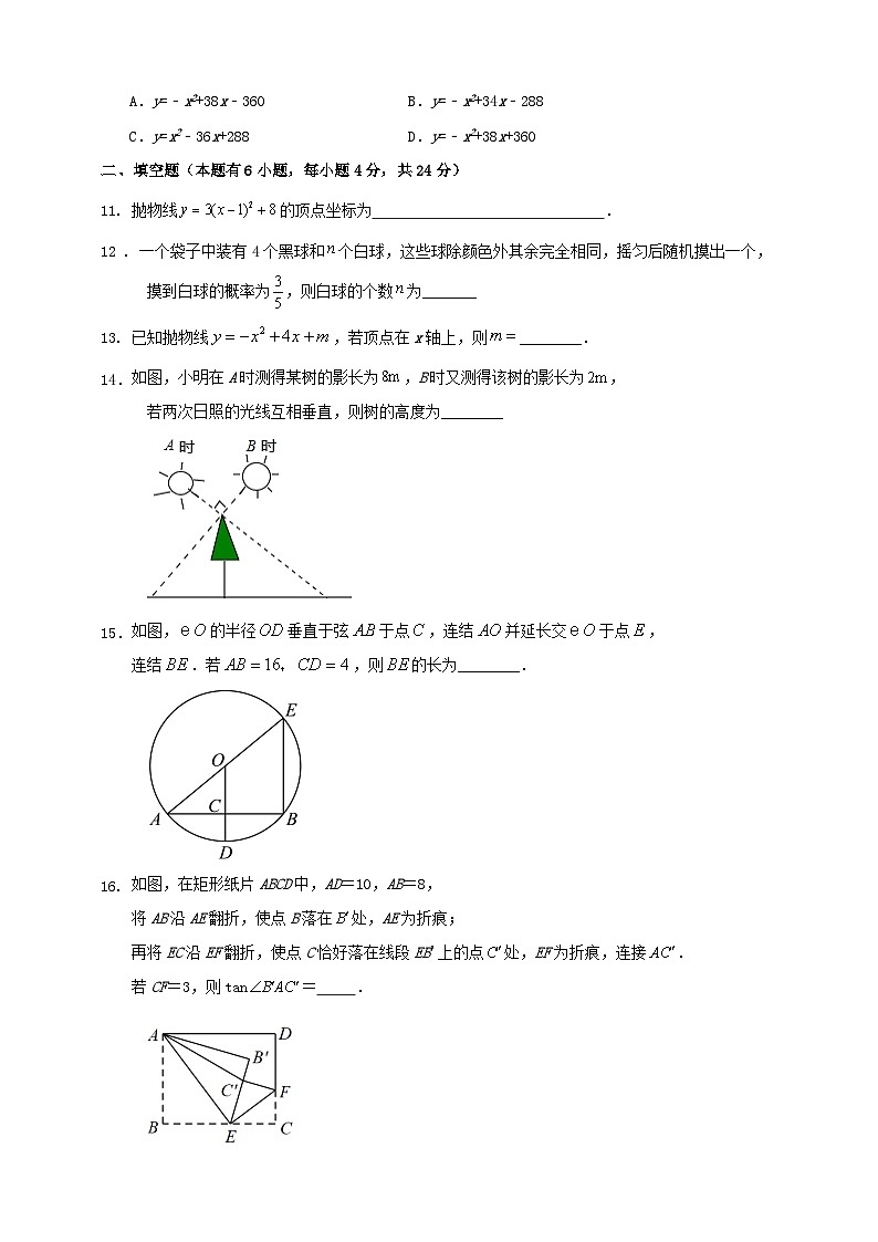 浙江省 金华市 2023-2024学年 九年级 上学期 期末 数学 模拟 练习卷第3页