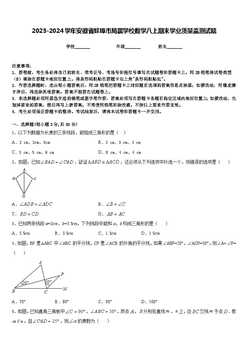 2023-2024学年安徽省蚌埠市局属学校数学八上期末学业质量监测试题含答案01