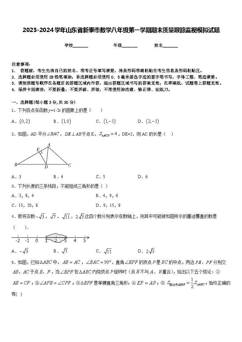 2023-2024学年山东省新泰市数学八年级第一学期期末质量跟踪监视模拟试题含答案01