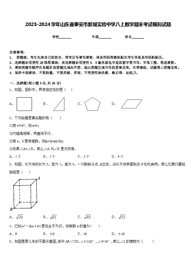 2023-2024学年山东省泰安市新城实验中学八上数学期末考试模拟试题含答案01