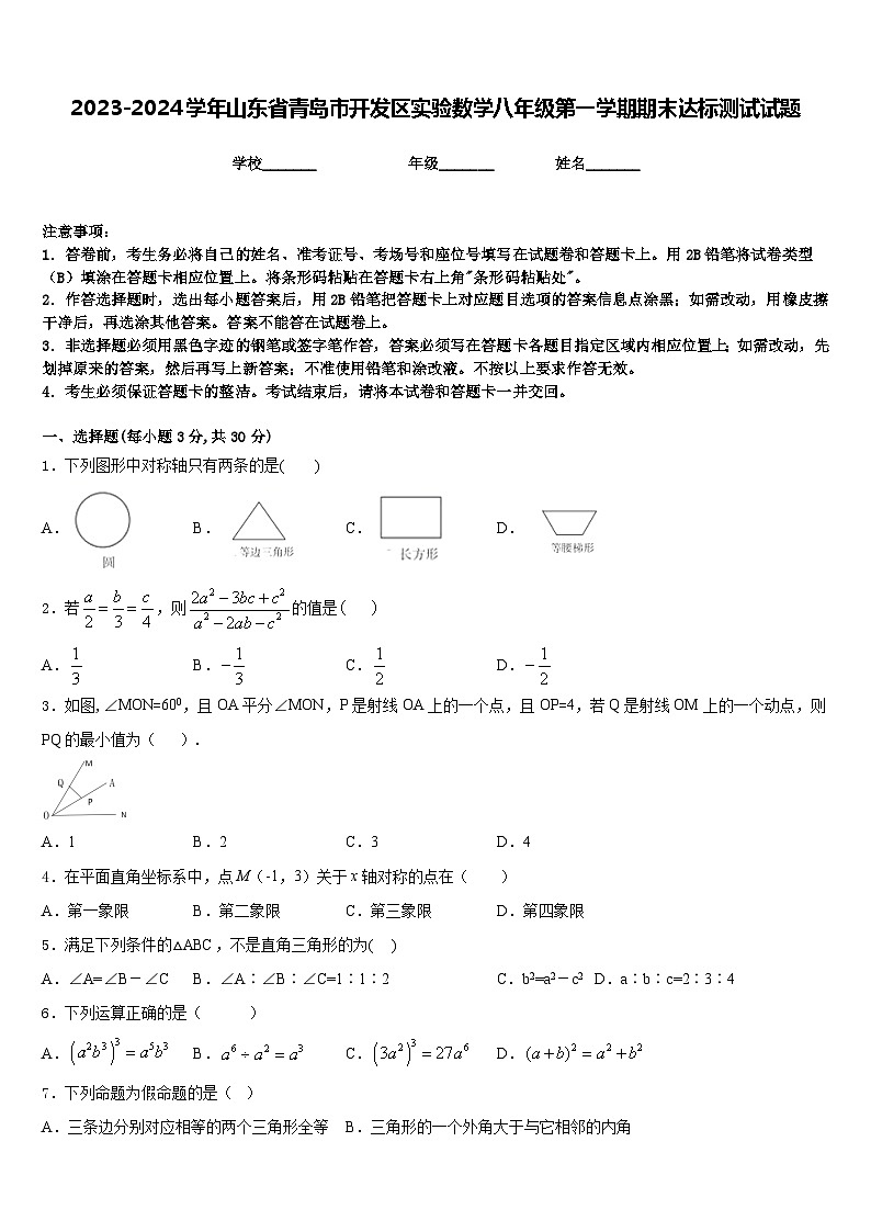 2023-2024学年山东省青岛市开发区实验数学八年级第一学期期末达标测试试题含答案01