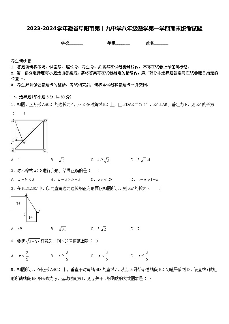 2023-2024学年徽省阜阳市第十九中学八年级数学第一学期期末统考试题含答案01