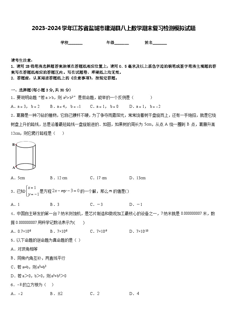 2023-2024学年江苏省盐城市建湖县八上数学期末复习检测模拟试题含答案第1页