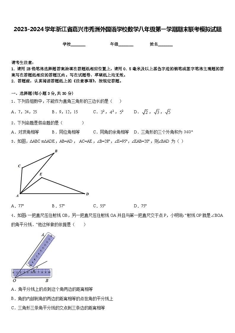 2023-2024学年浙江省嘉兴市秀洲外国语学校数学八年级第一学期期末联考模拟试题含答案第1页