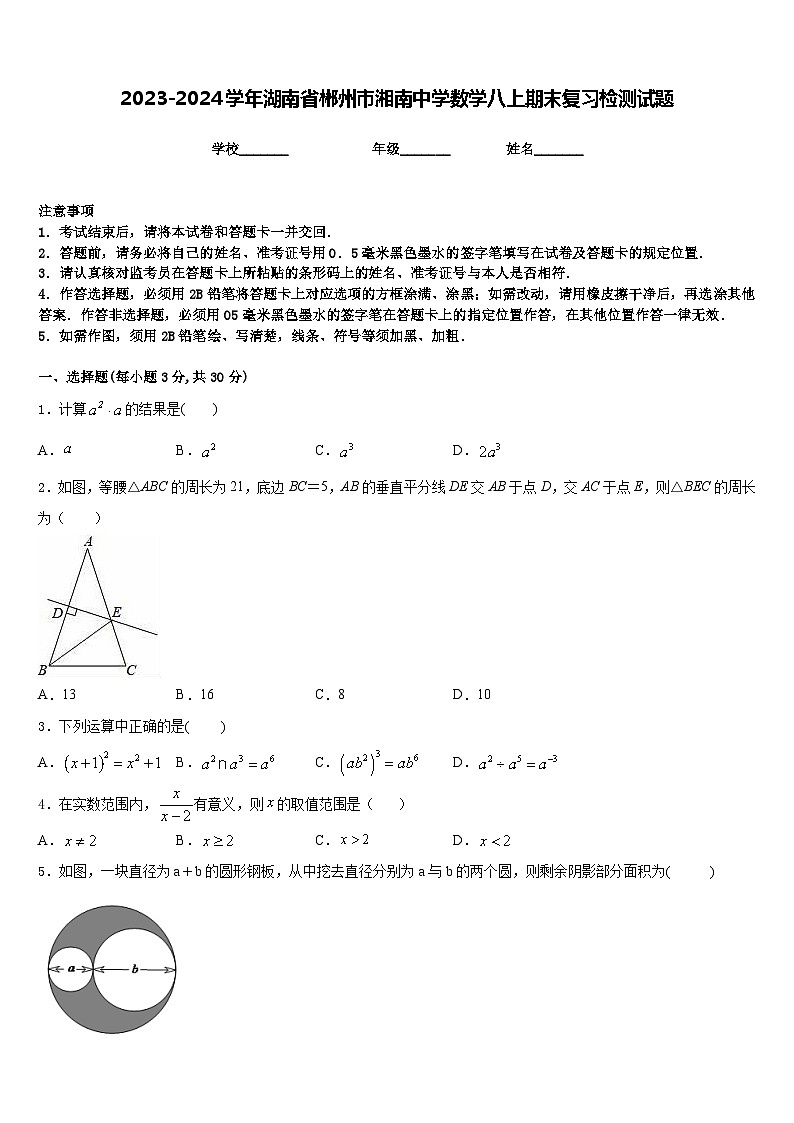2023-2024学年湖南省郴州市湘南中学数学八上期末复习检测试题含答案01