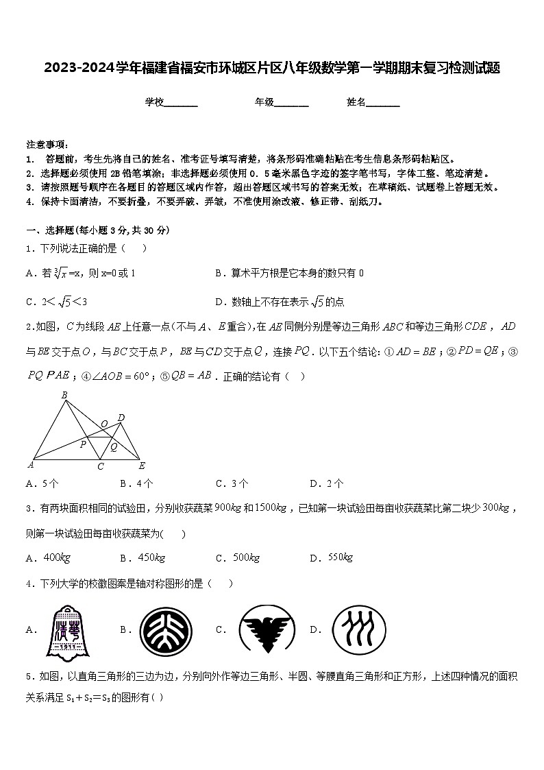 2023-2024学年福建省福安市环城区片区八年级数学第一学期期末复习检测试题含答案第1页