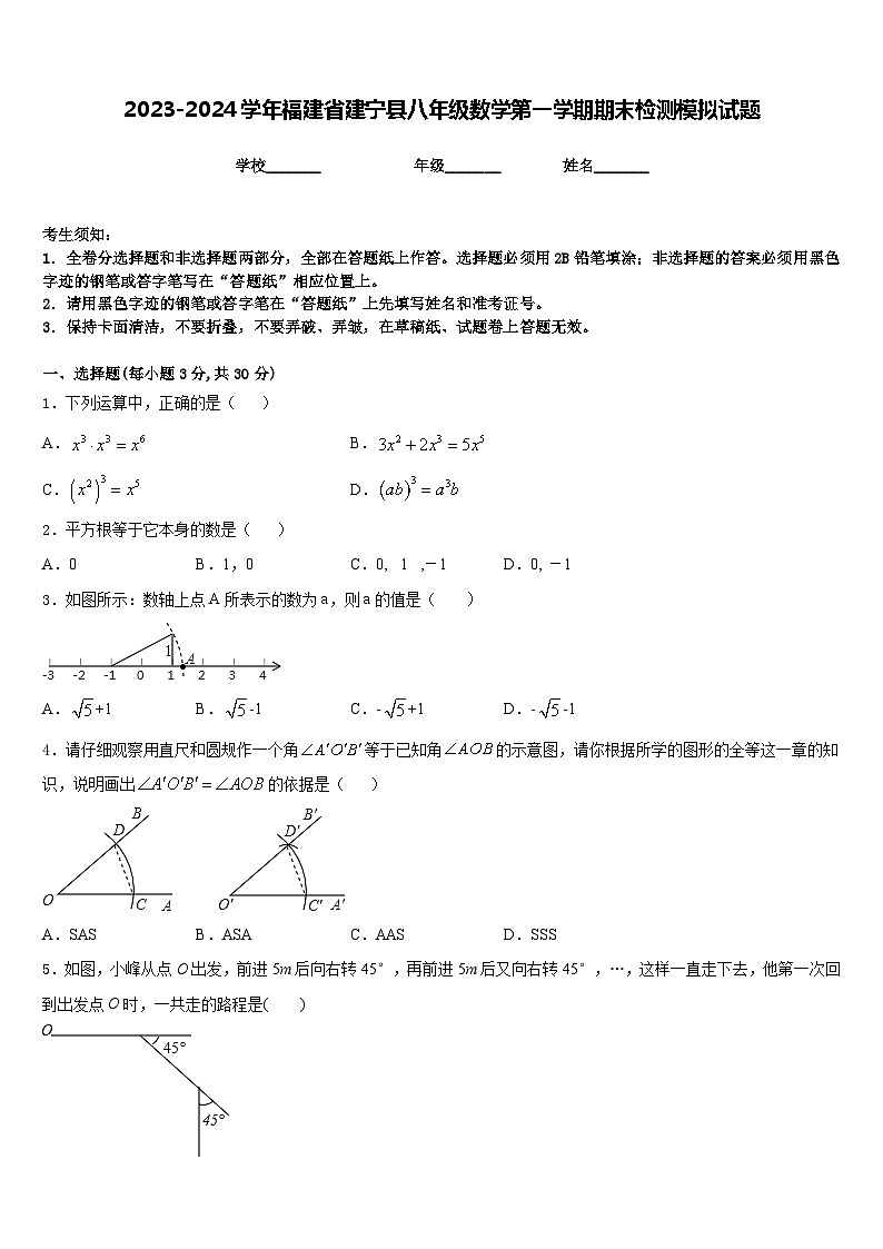 2023-2024学年福建省建宁县八年级数学第一学期期末检测模拟试题含答案第1页
