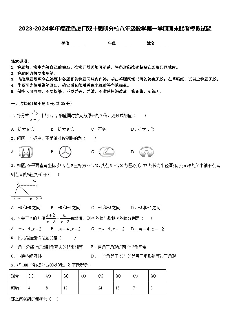 2023-2024学年福建省厦门双十思明分校八年级数学第一学期期末联考模拟试题含答案第1页