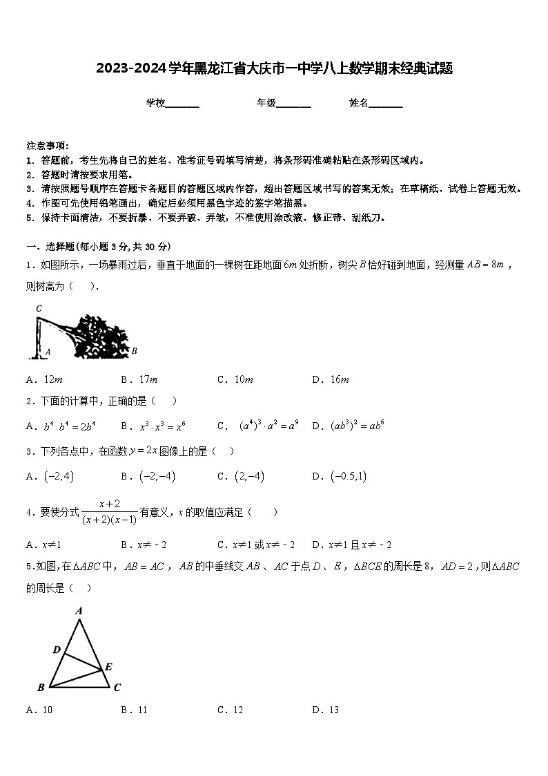 2023-2024学年黑龙江省大庆市一中学八上数学期末经典试题含答案01