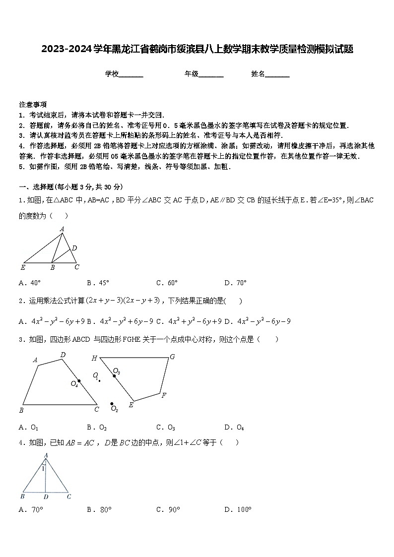 2023-2024学年黑龙江省鹤岗市绥滨县八上数学期末教学质量检测模拟试题含答案01