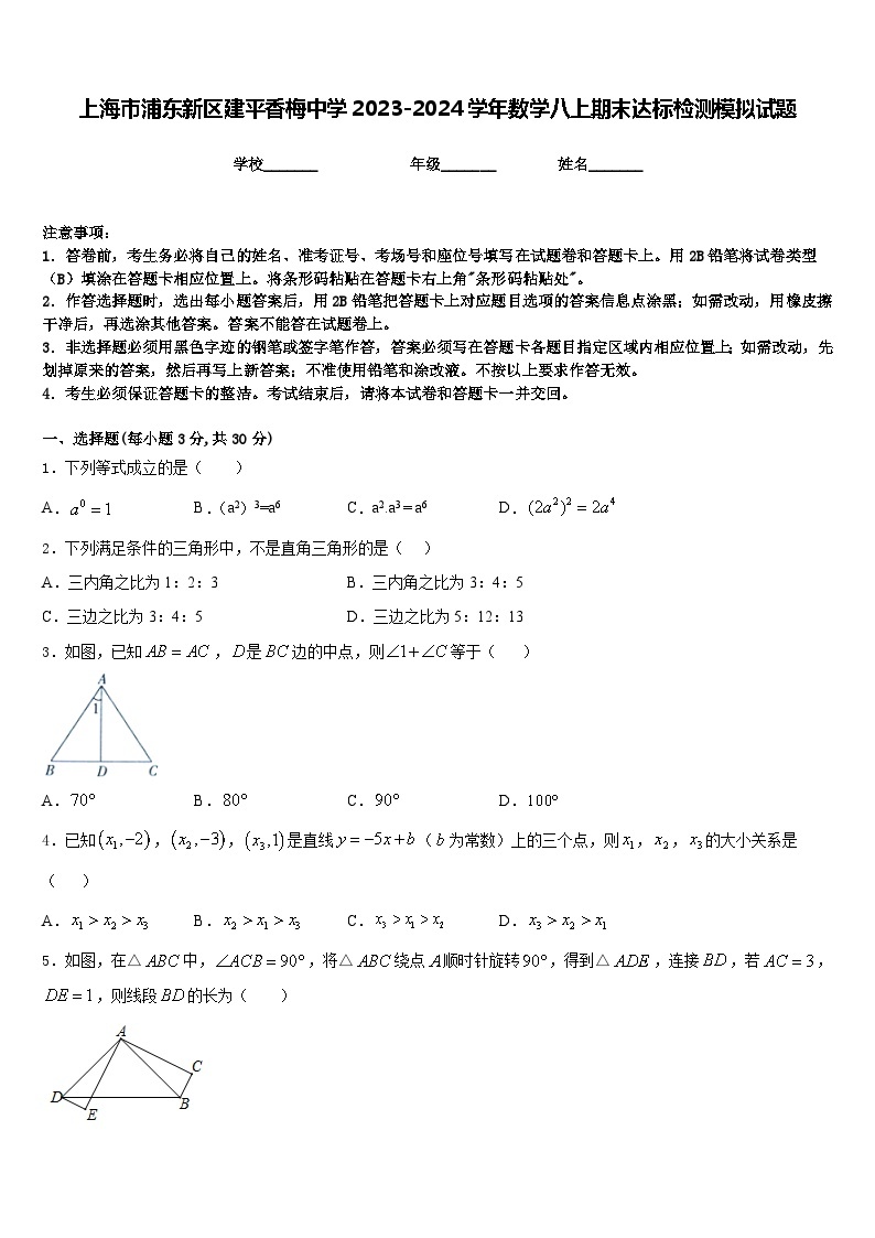 上海市浦东新区建平香梅中学2023-2024学年数学八上期末达标检测模拟试题含答案01