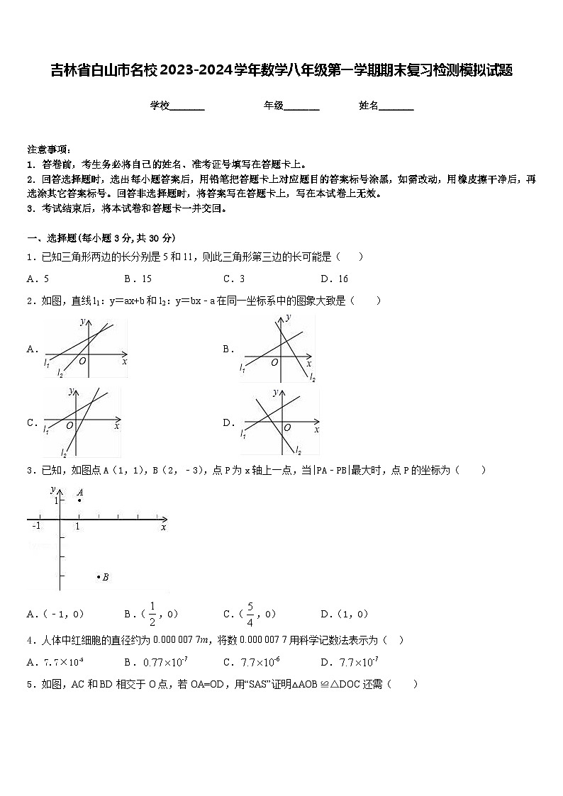 吉林省白山市名校2023-2024学年数学八年级第一学期期末复习检测模拟试题含答案第1页