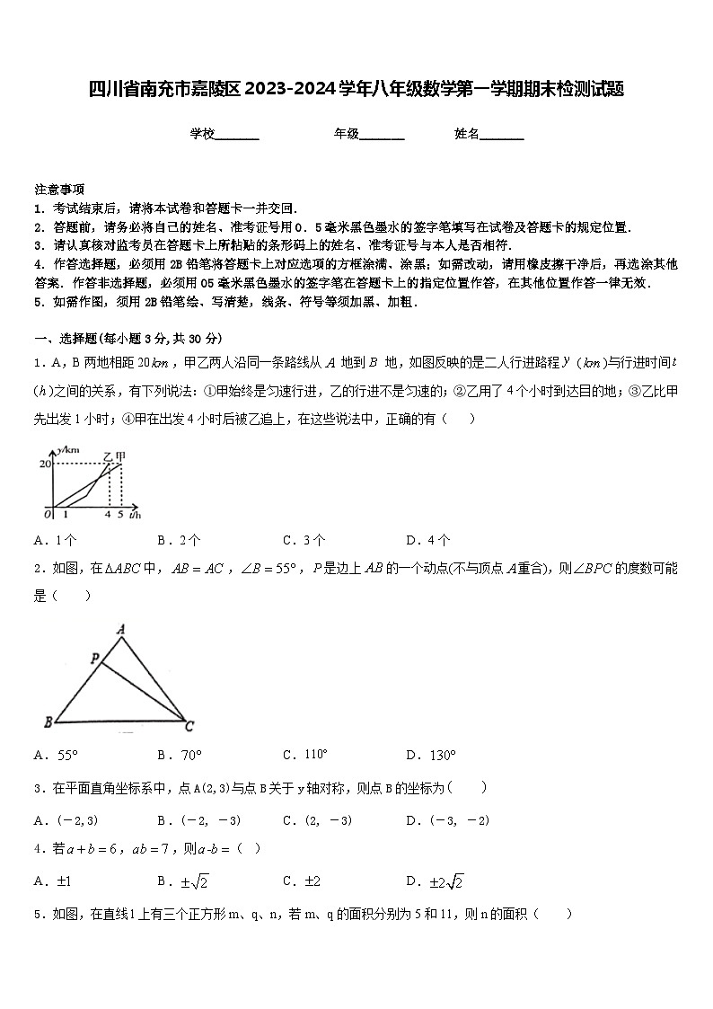 四川省南充市嘉陵区2023-2024学年八年级数学第一学期期末检测试题含答案第1页