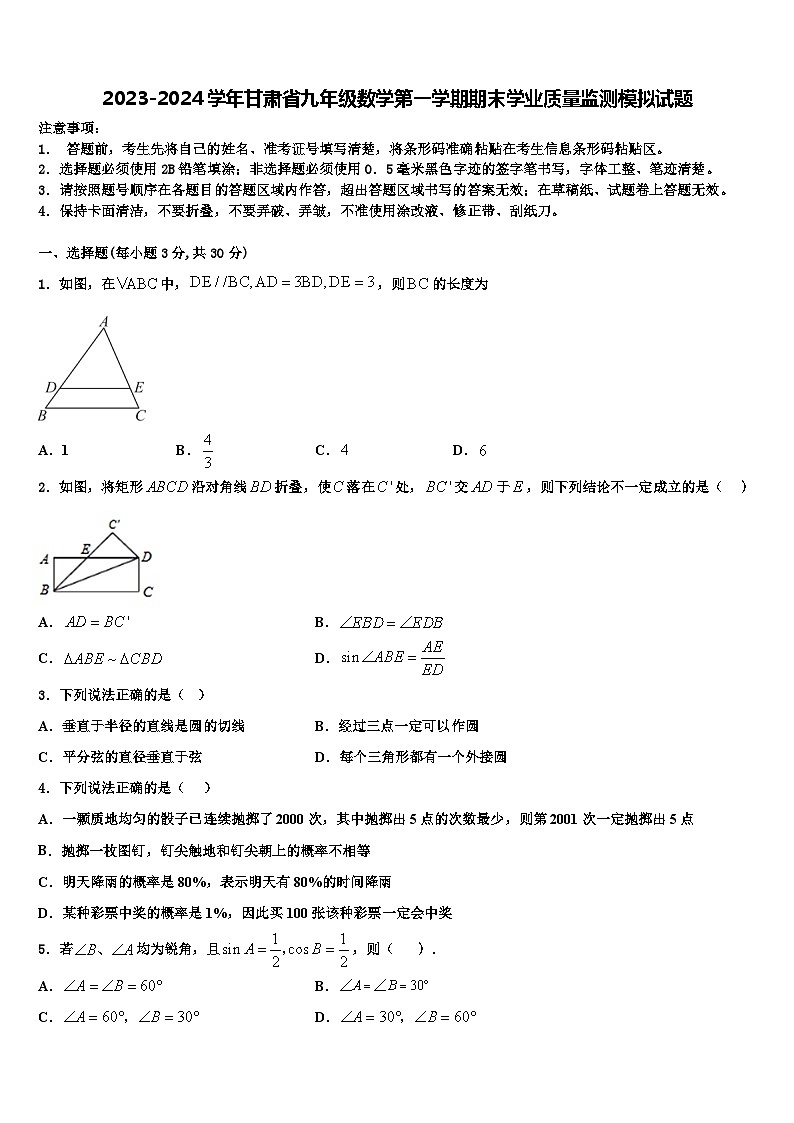2023-2024学年甘肃省九年级数学第一学期期末模拟试题01
