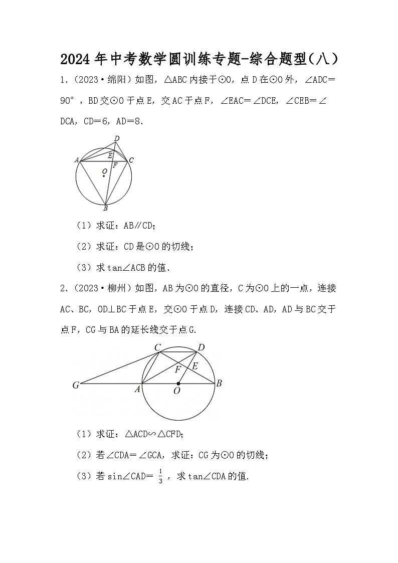 2024年中考数学圆训练专题-综合题型（八）（原卷+解析）01