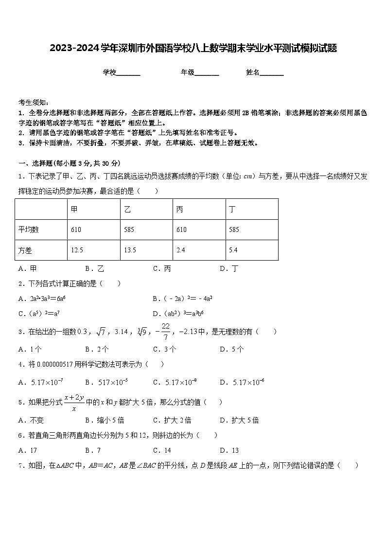 2023-2024学年深圳市外国语学校八上数学期末学业水平测试模拟试题含答案第1页