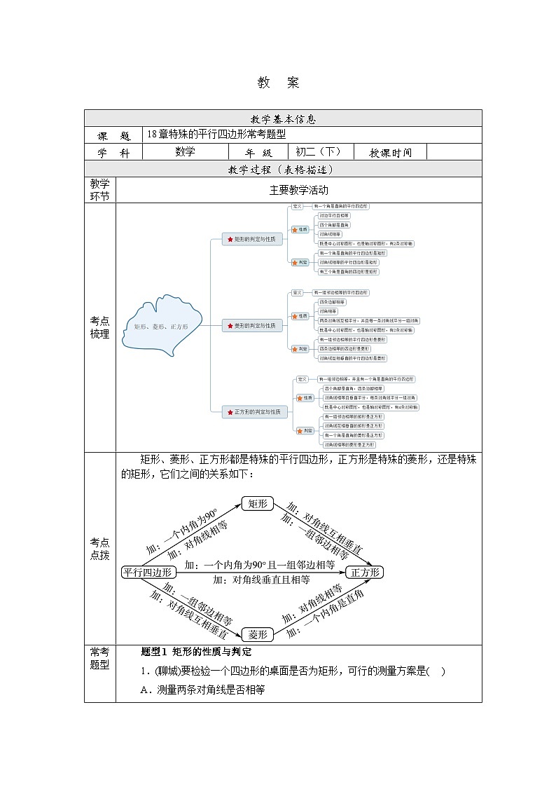 【核心素养】人教版数学八年级下册18章特殊的平行四边形常考题型 课件PPT+教案+随堂检测+课后练习01