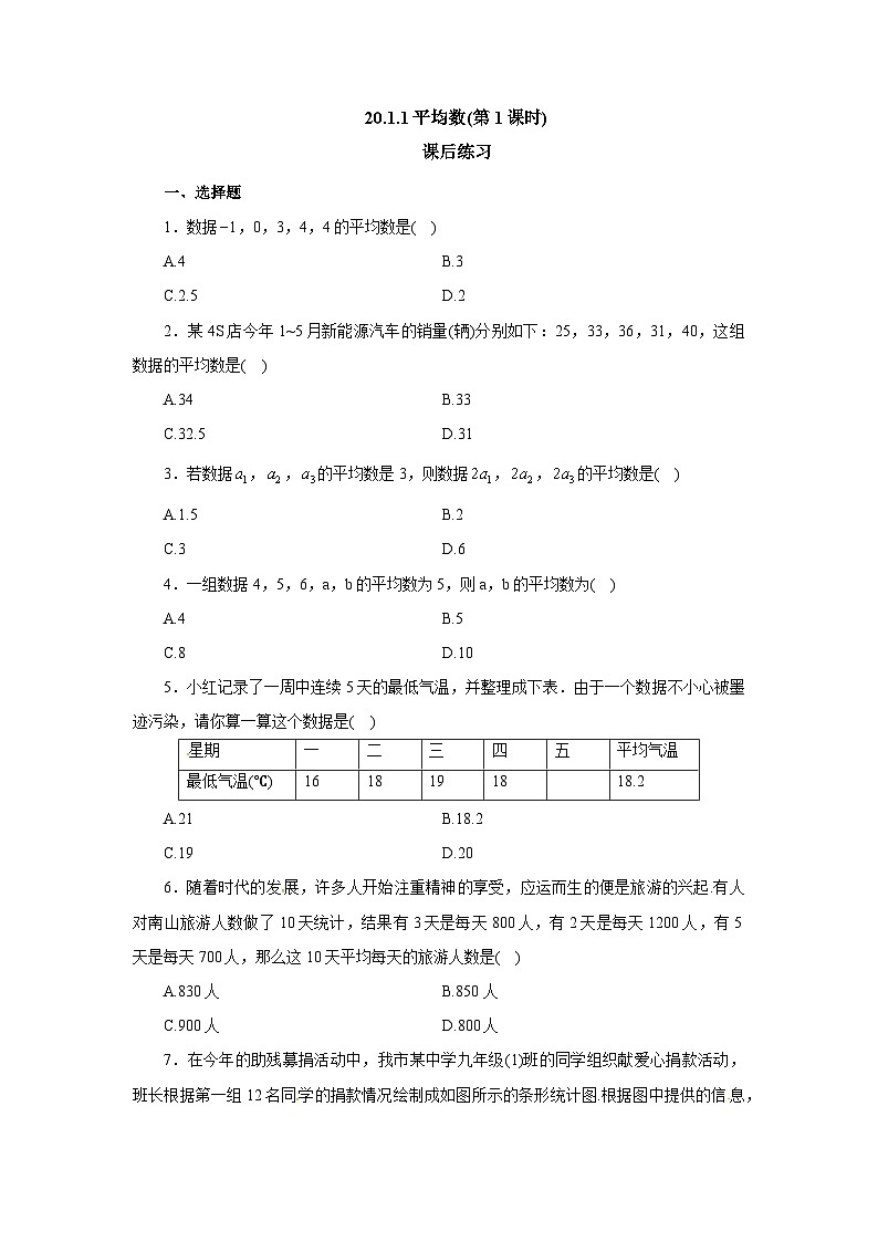 【核心素养】八年级下册20.1.1平均数(第1课时)  课后练习第1页