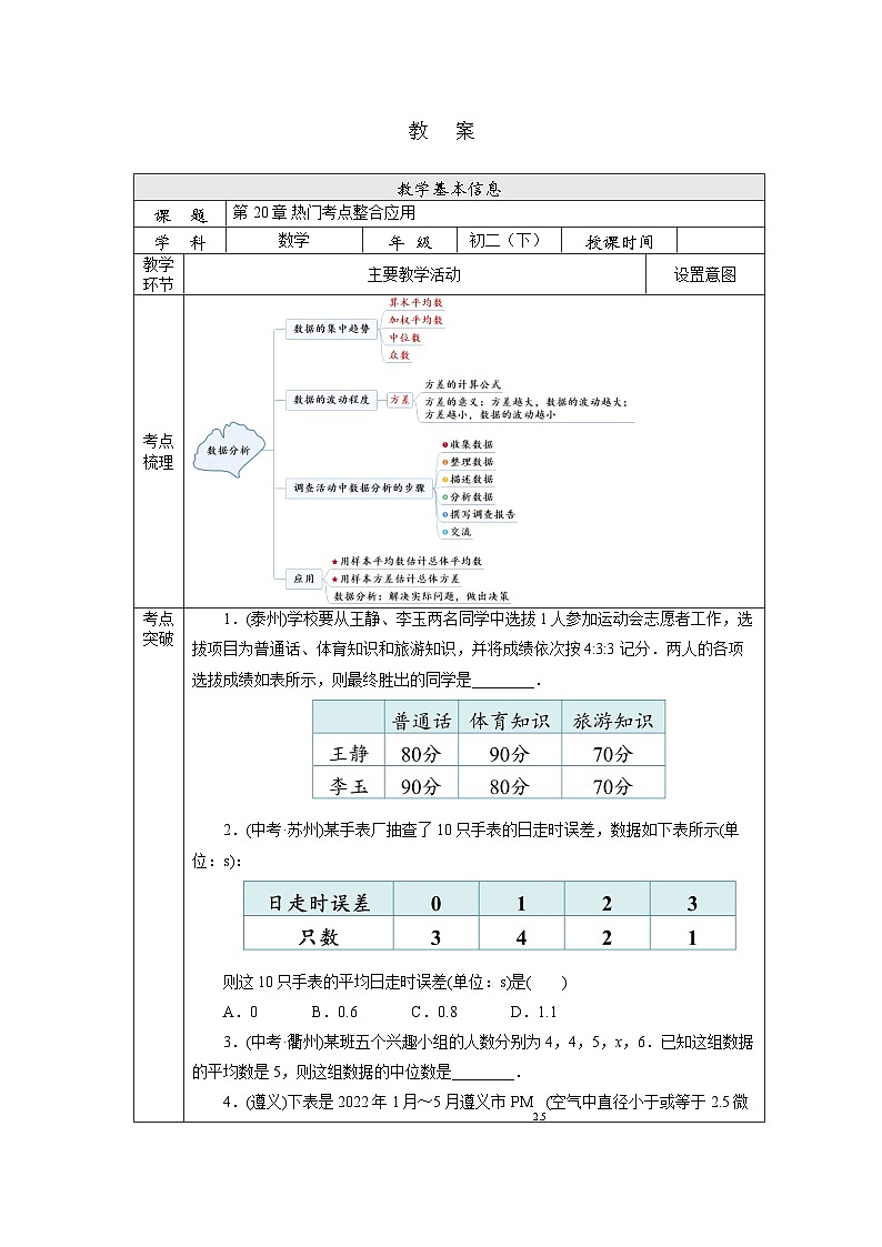 【核心素养】人教版数学八年级下册20章热门考点整合应用 课件PPT+教案+随堂检测+课后练习01