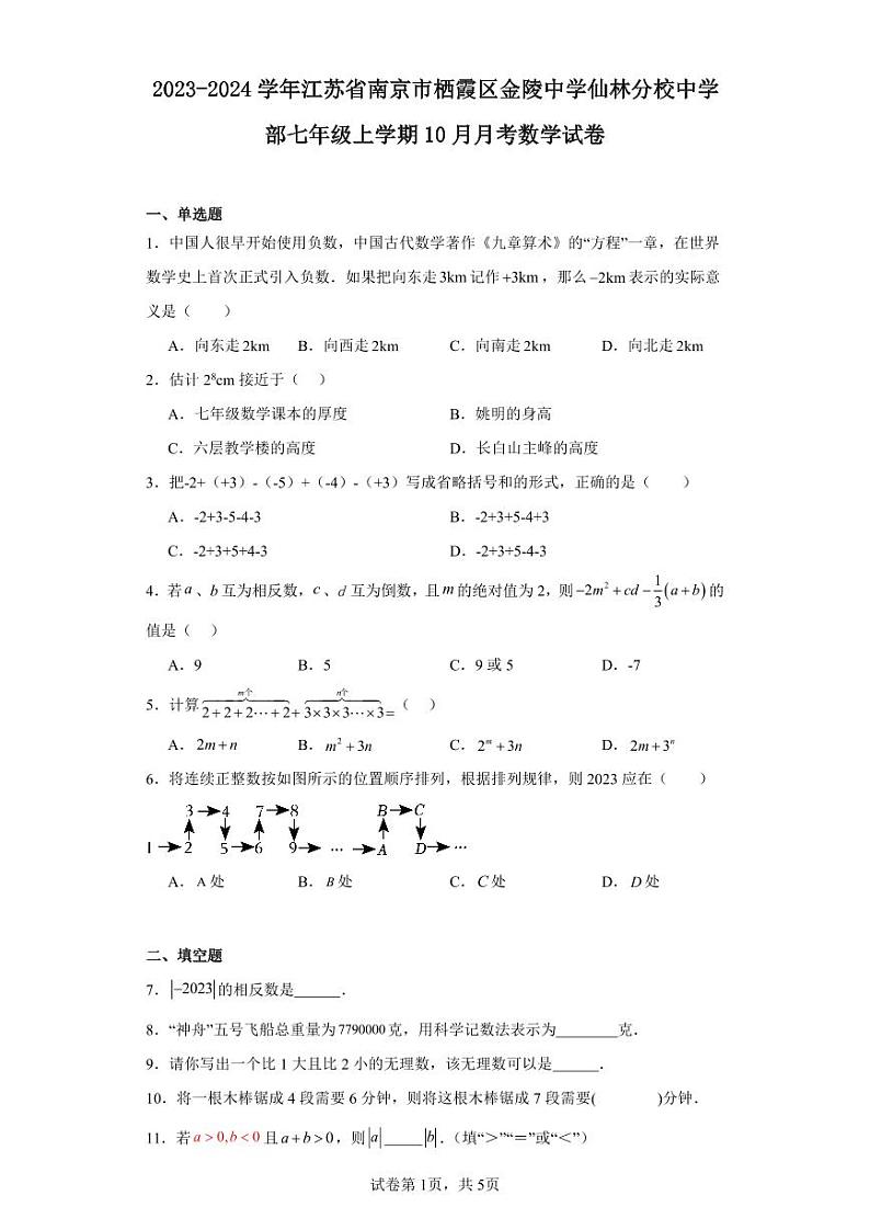 2023-2024学年江苏省南京市栖霞区金陵中学仙林分校中学部七年级上学期10月月考数学试卷（含解析）01