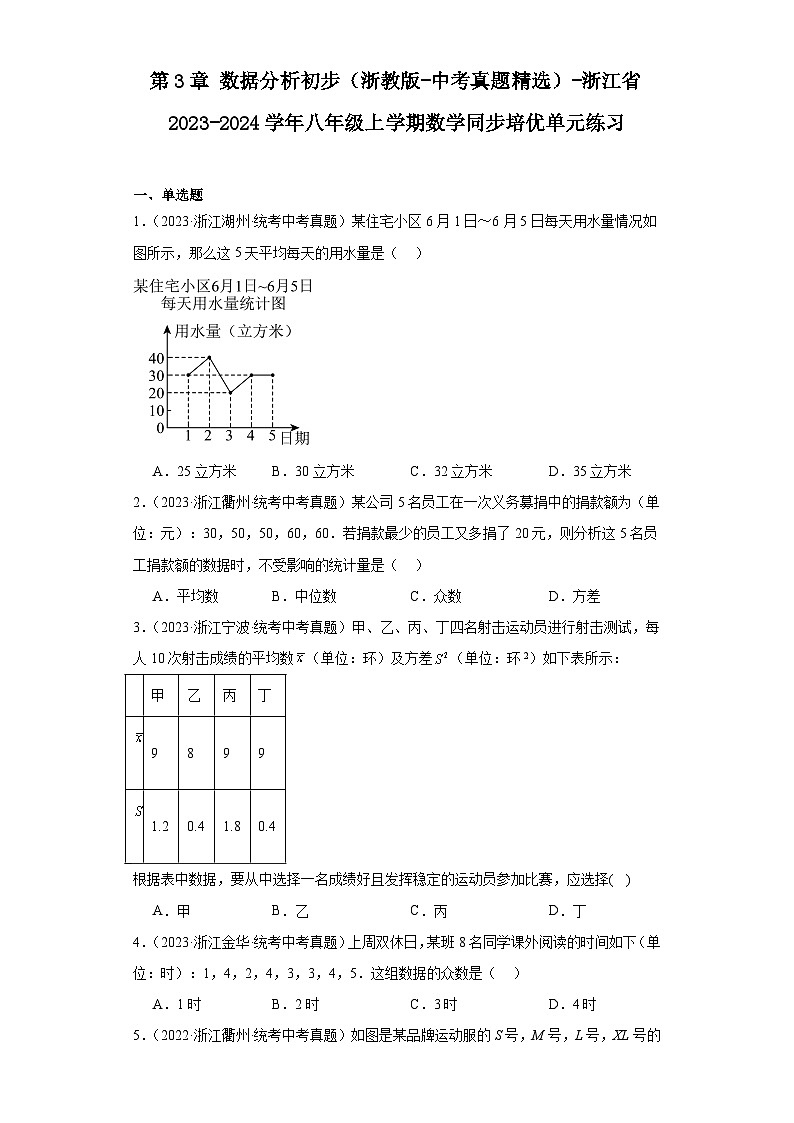 第3章数据分析初步（浙教版-中考真题精选）-浙江省2023-2024学年八年级上学期数学同步培优单第1页