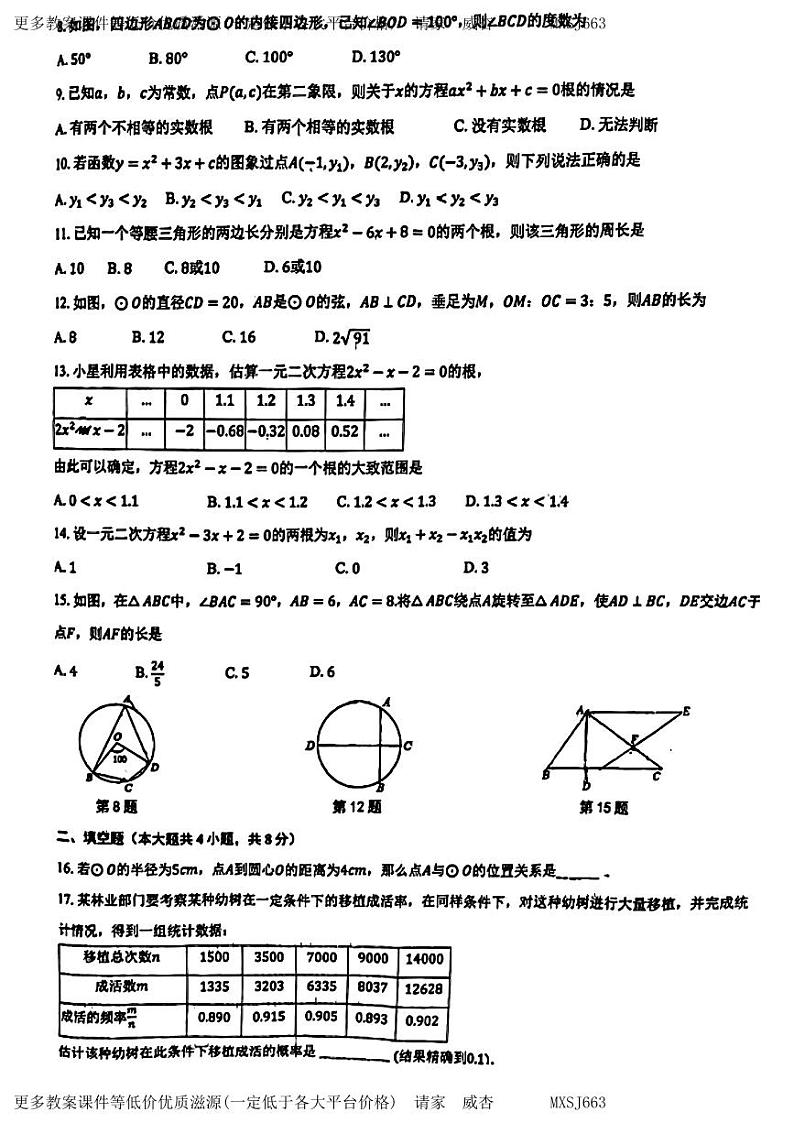 云南省昆明市云师大实验中学昆明湖校区2023-2024学年九年级上学期12月月考数学试卷02
