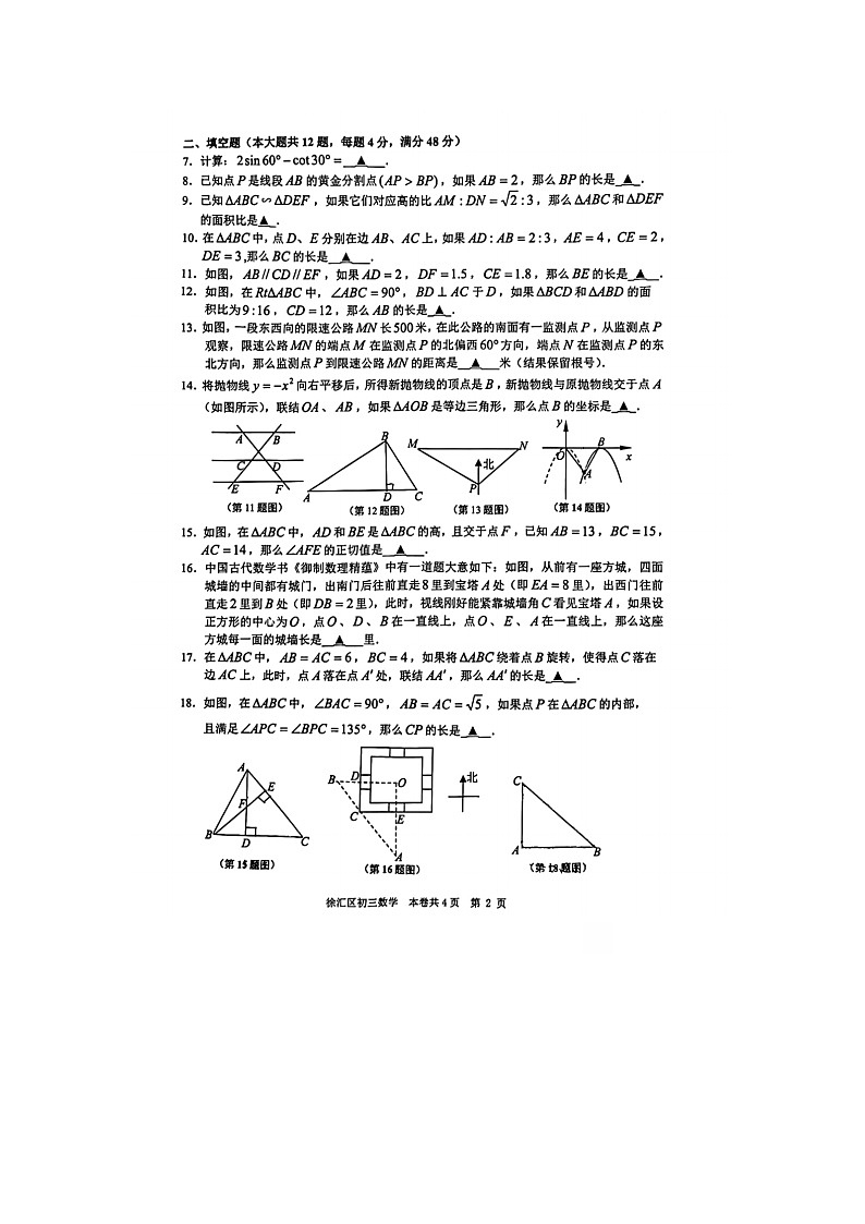 上海市徐汇区2023-2024学年九年级上学期学习能力诊断卷数学试题（一模）02
