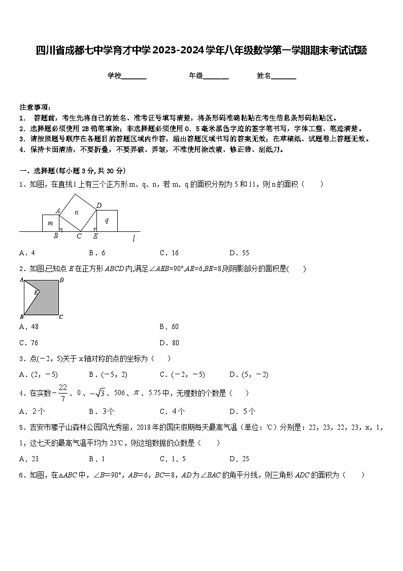 四川省成都七中学育才中学2023-2024学年八年级数学第一学期期末考试试题含答案第1页