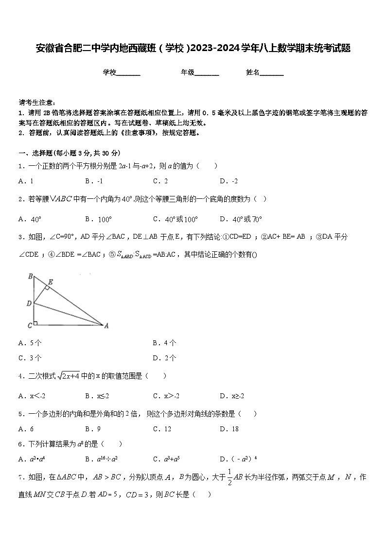 安徽省合肥二中学内地西藏班（学校）2023-2024学年八上数学期末统考试题含答案第1页