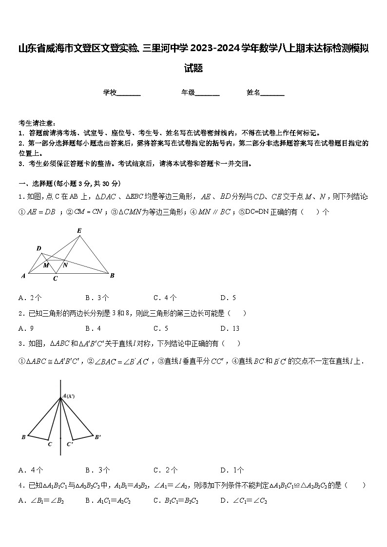 山东省威海市文登区文登实验、三里河中学2023-2024学年数学八上期末达标检测模拟试题含答案01