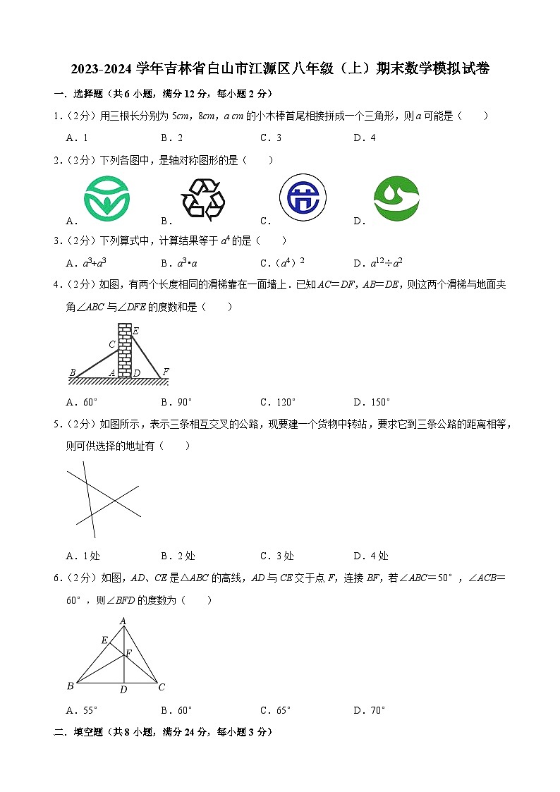 吉林省白山市江源区2023-2024学年八年级上学期期末数学模拟试卷第1页