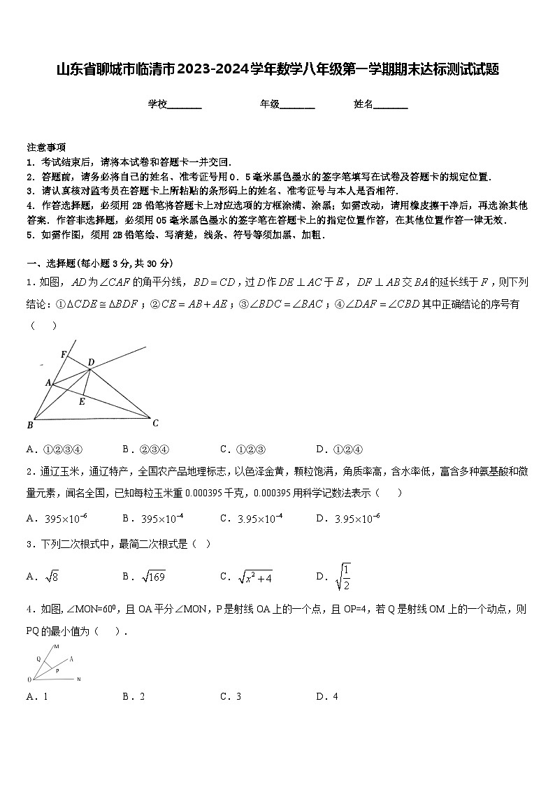 山东省聊城市临清市2023-2024学年数学八年级第一学期期末达标测试试题含答案01