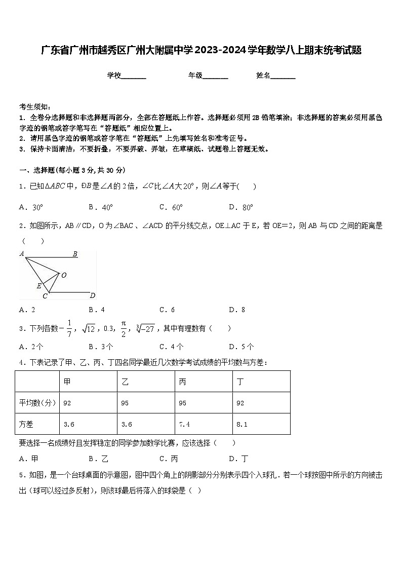 广东省广州市越秀区广州大附属中学2023-2024学年数学八上期末统考试题含答案01