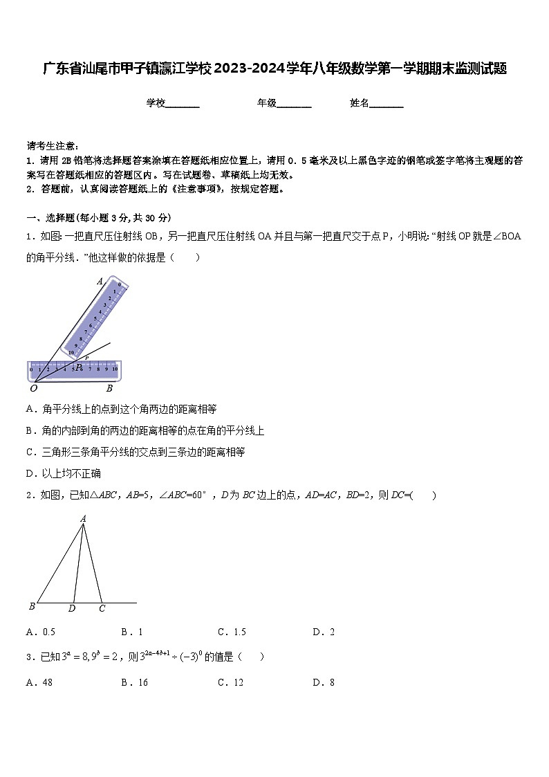 广东省汕尾市甲子镇瀛江学校2023-2024学年八年级数学第一学期期末监测试题含答案第1页