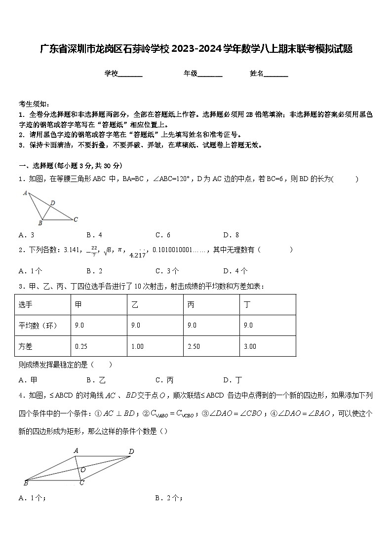 广东省深圳市龙岗区石芽岭学校2023-2024学年数学八上期末联考模拟试题含答案第1页
