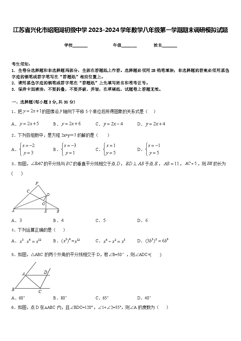 江苏省兴化市昭阳湖初级中学2023-2024学年数学八年级第一学期期末调研模拟试题含答案第1页
