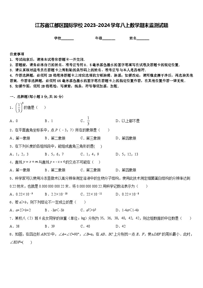 江苏省江都区国际学校2023-2024学年八上数学期末监测试题含答案01