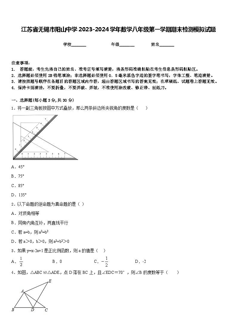 江苏省无锡市阳山中学2023-2024学年数学八年级第一学期期末检测模拟试题含答案01