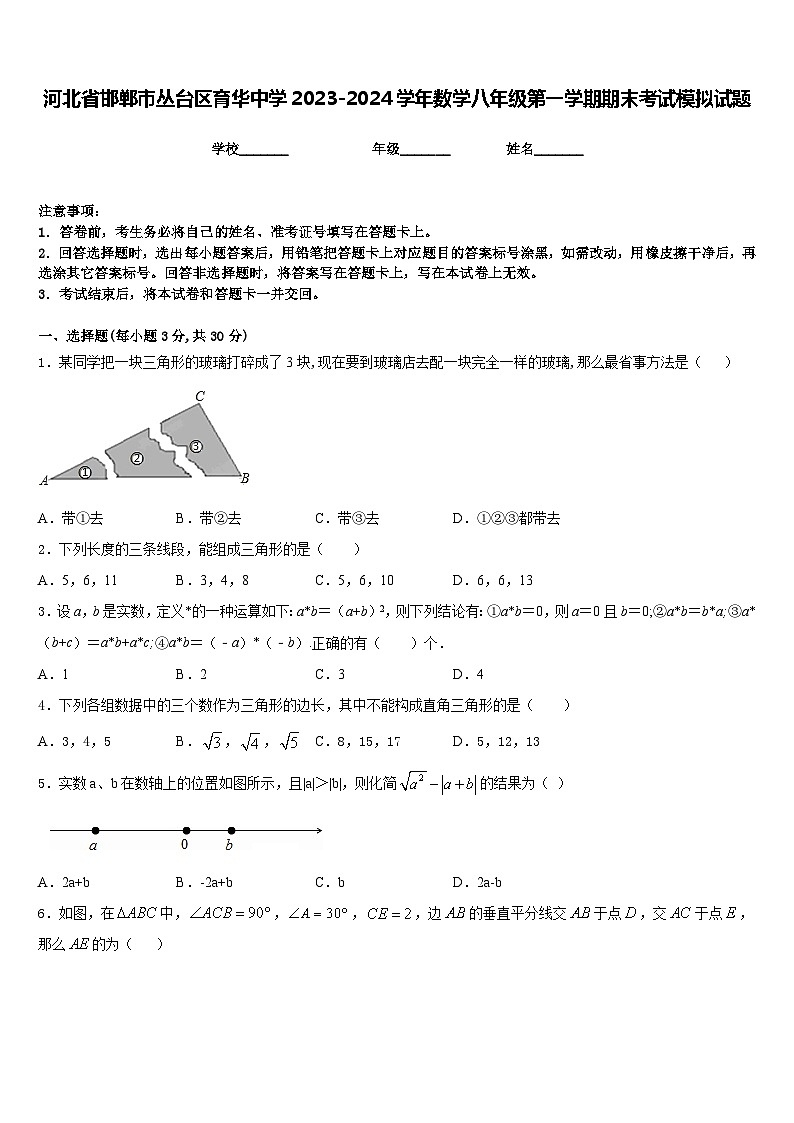 河北省邯郸市丛台区育华中学2023-2024学年数学八年级第一学期期末考试模拟试题含答案01