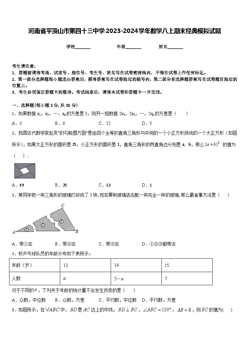 河南省平顶山市第四十三中学2023-2024学年数学八上期末经典模拟试题含答案01
