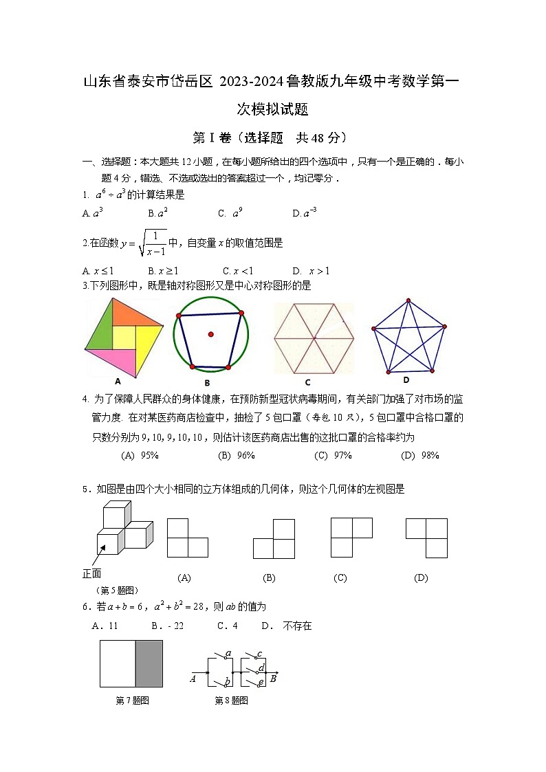 2024年山东省泰安市岱岳区九年级中考数学第一次模拟试题01