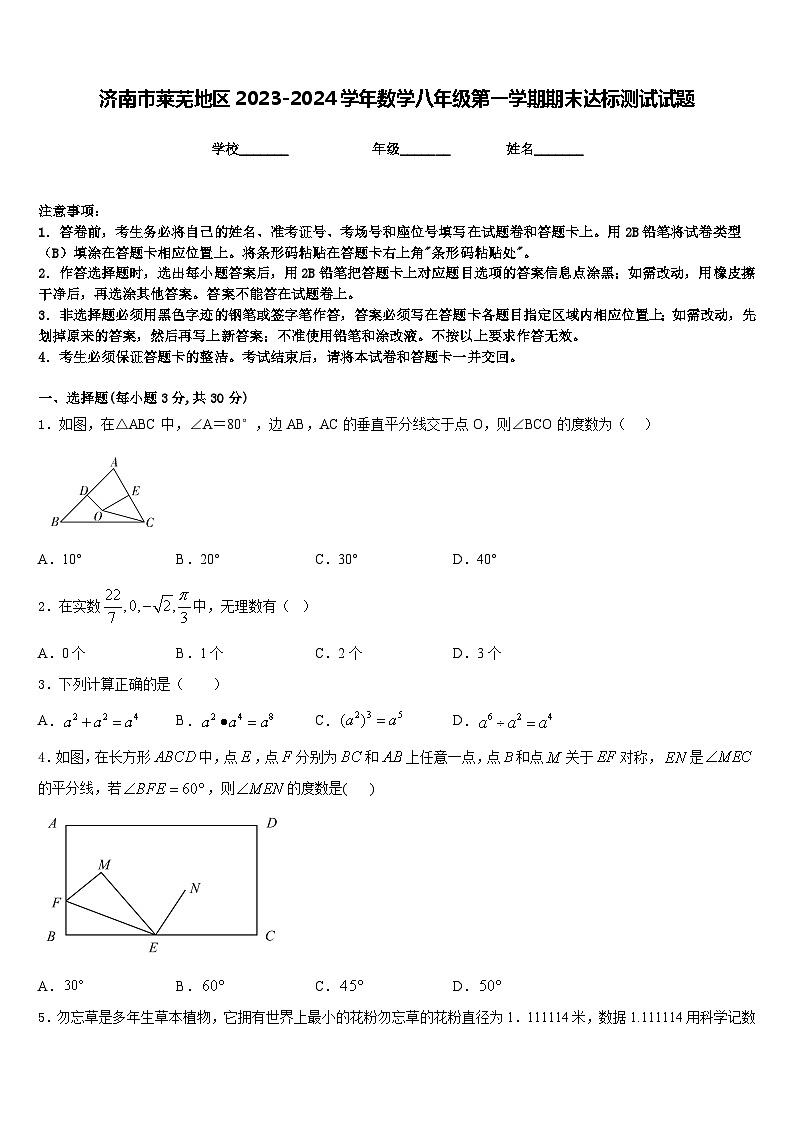 济南市莱芜地区2023-2024学年数学八年级第一学期期末达标测试试题含答案01