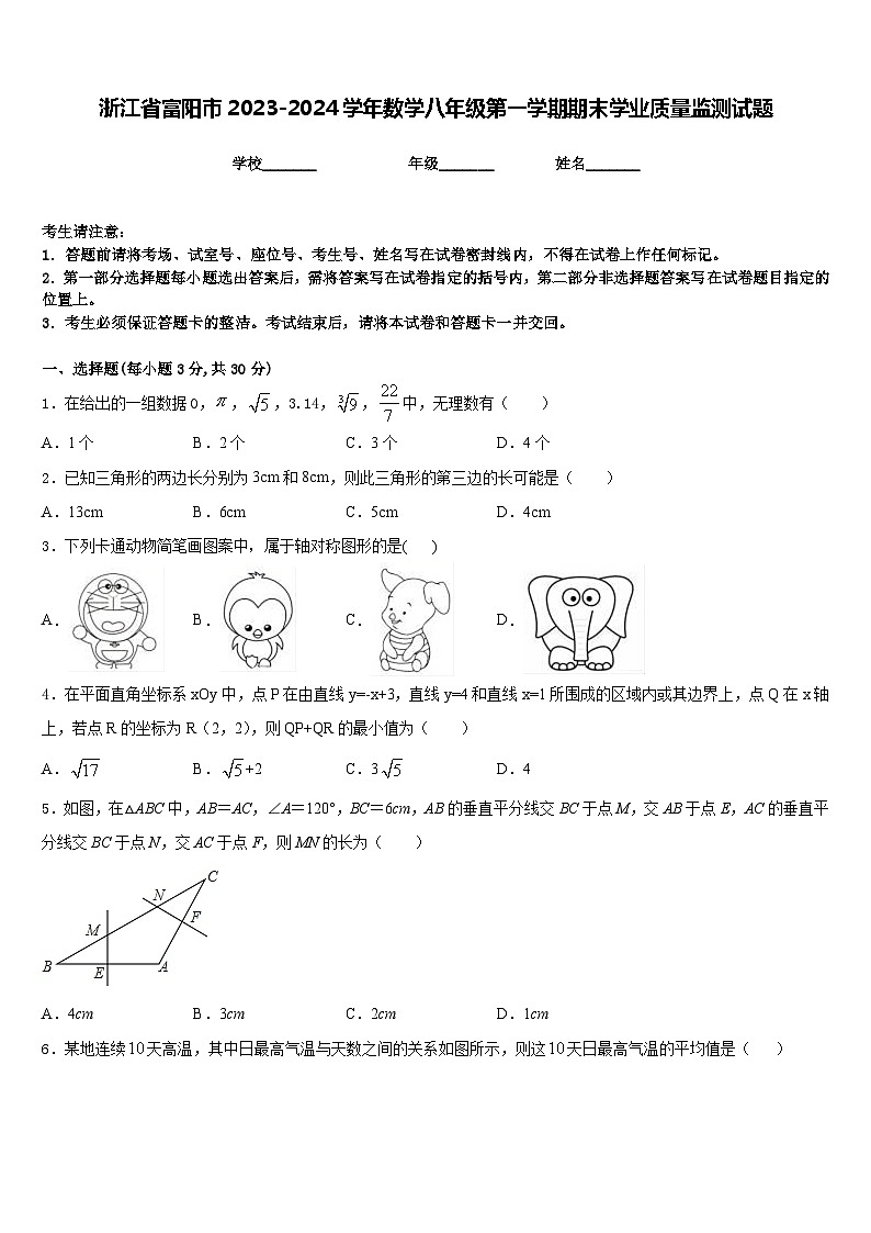 浙江省富阳市2023-2024学年数学八年级第一学期期末学业质量监测试题含答案第1页
