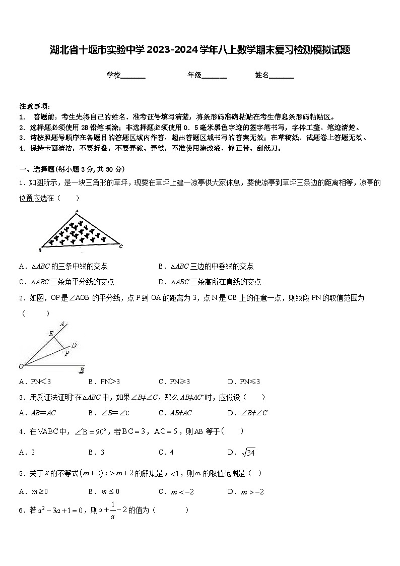 湖北省十堰市实验中学2023-2024学年八上数学期末复习检测模拟试题含答案01